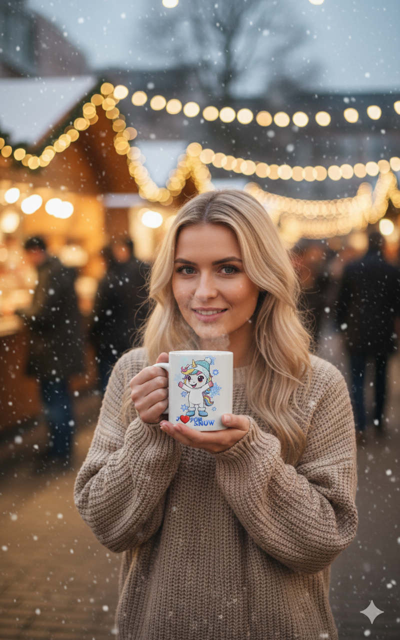 Keramiktasse „I Love You Snow“ – süßes Einhorn-Wintermotiv