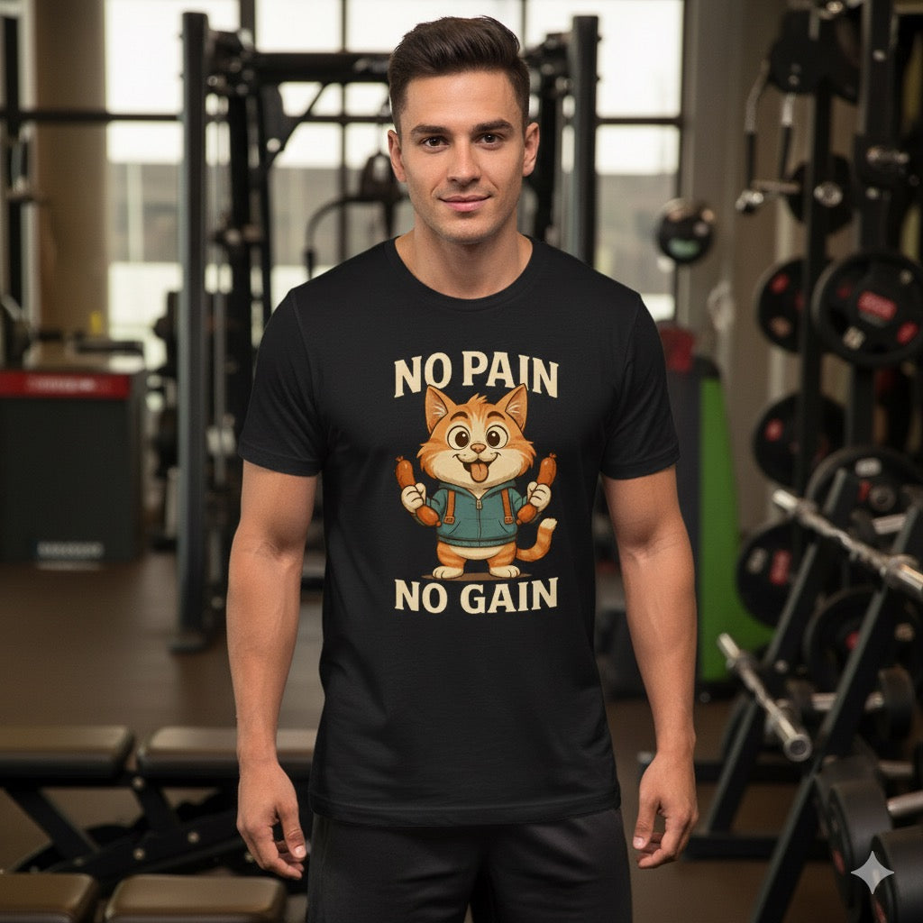 Lustiges T-Shirt „No Pain No Gain“ – Katze mit Würstchen