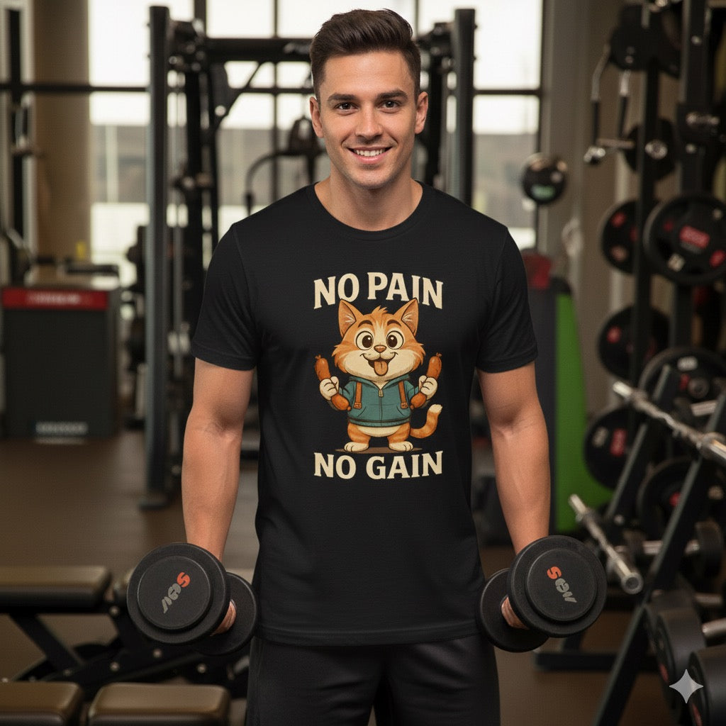 Lustiges T-Shirt „No Pain No Gain“ – Katze mit Würstchen